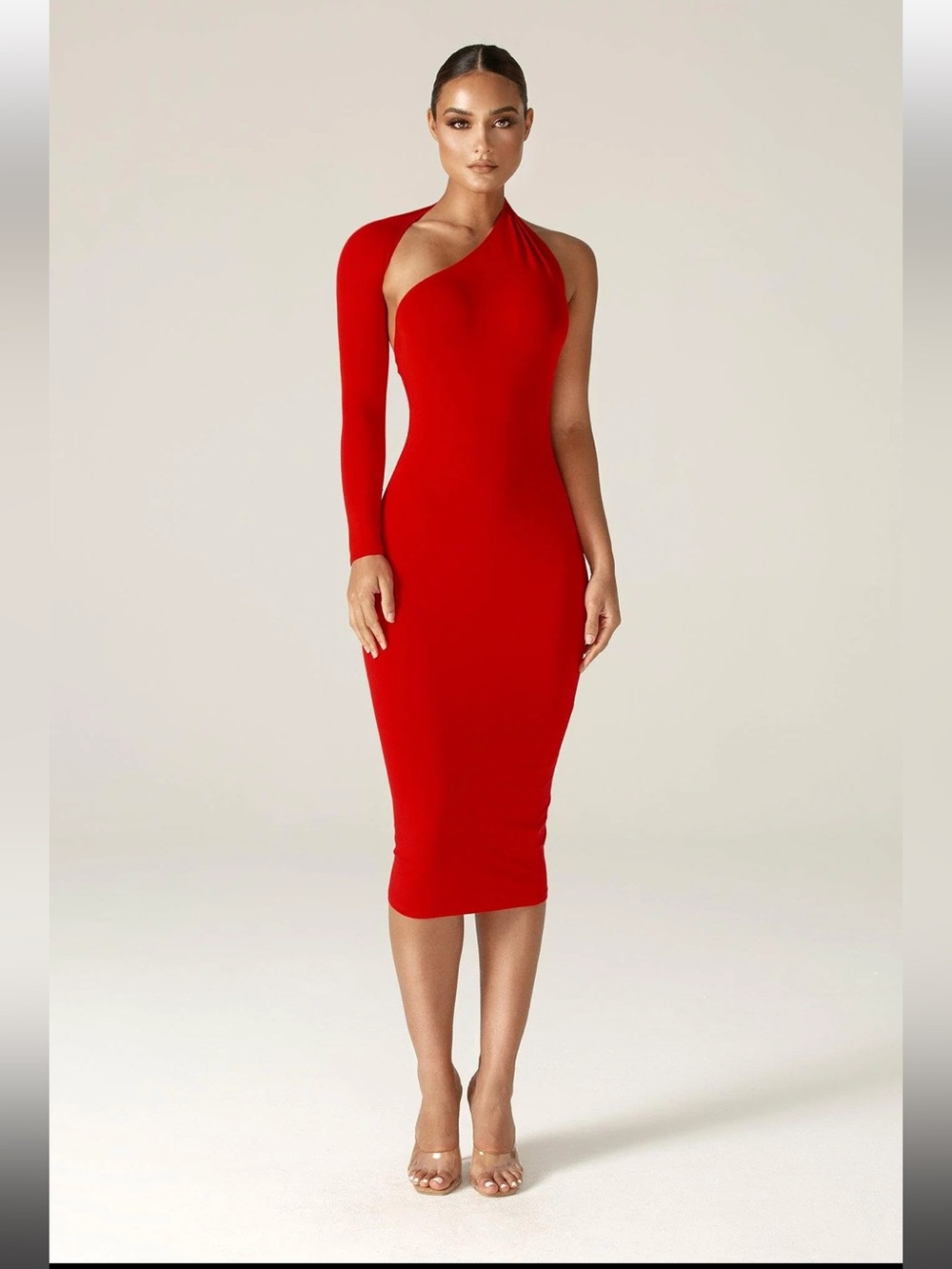 Alieva Dasha Modern Midi One Shoulder Body Con Dress in Red Size XL NWT